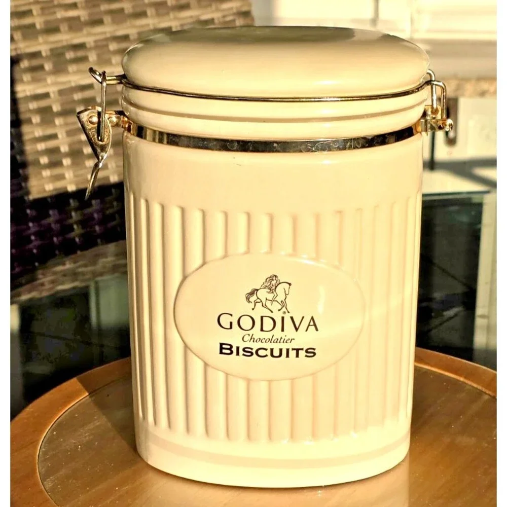 Godiva Chocolatier Biscuits Oval Ceramic Jar Canister w/ Latch Lid Cream Color